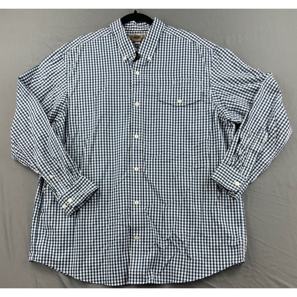 Duluth Trading Co Mens XL Navy Blue White Gingham Cotton Button Down Shirt